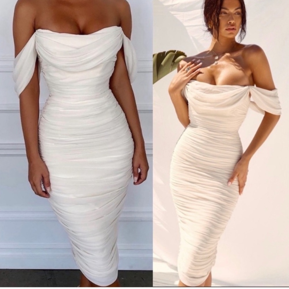 House of CB Dress Carlotta Draped Off The Shoulder Cream Dress Size Small.